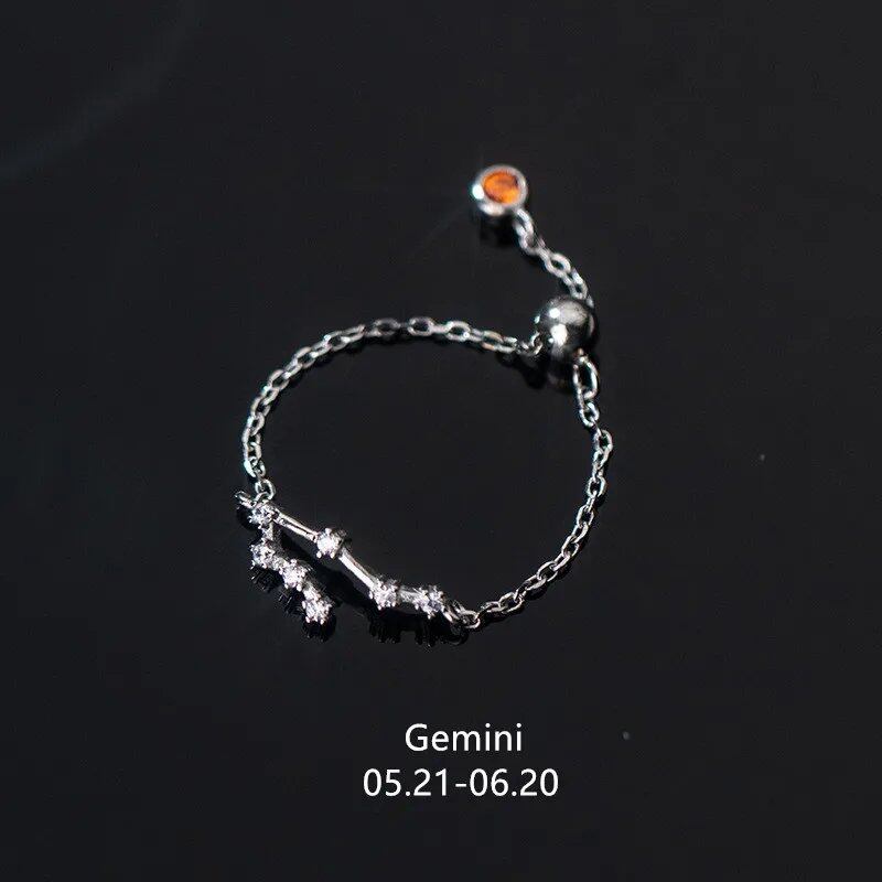WANTME 925 Sterling Silver Unique 12 Constellations Chain Link Adjustable Ring for Women and Couples, Zodiac Jewelry, Astrological Gift, Parallel Import