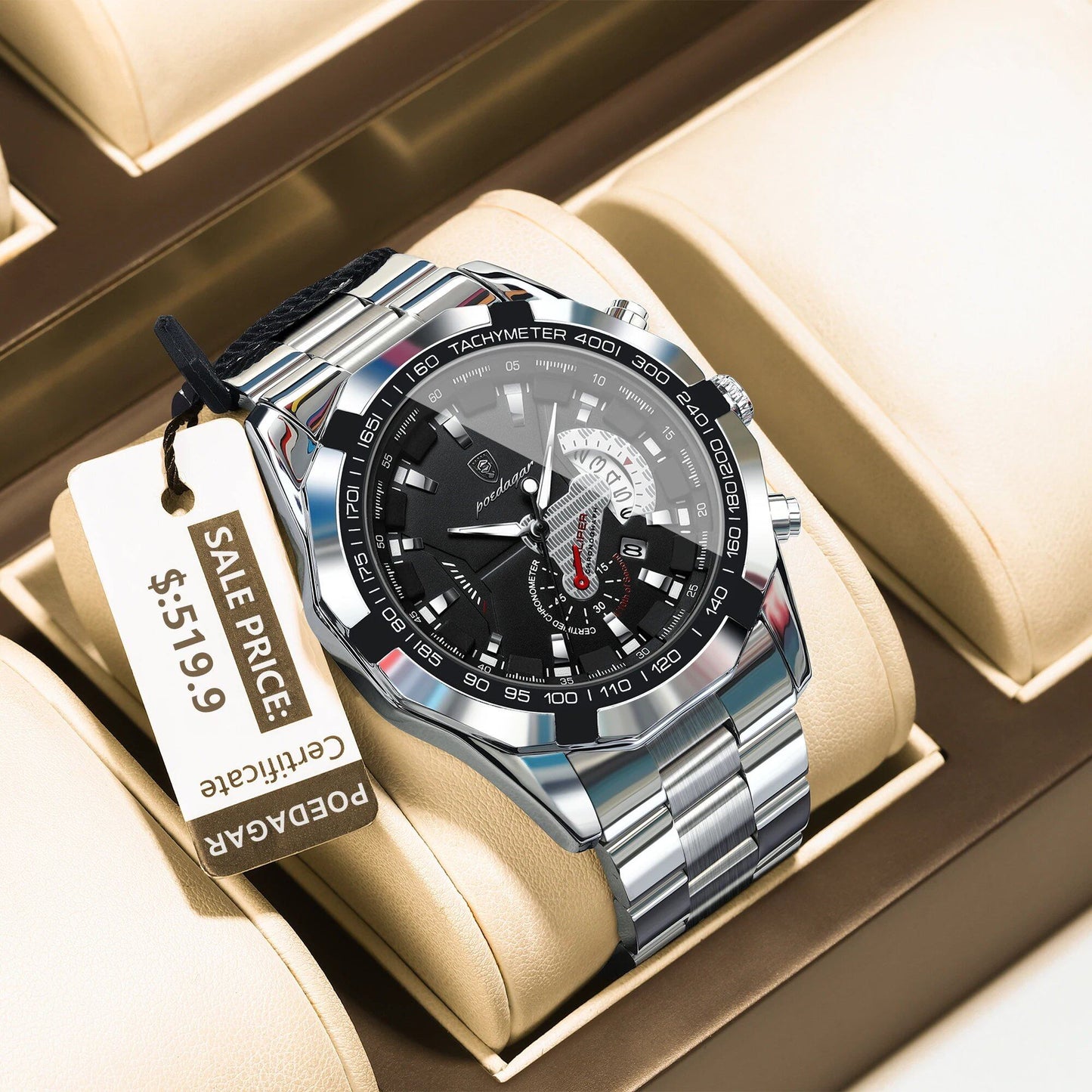 POEDAGAR Business Military Style Waterproof Men's Watch with Luminous Movement and Calendar, Stainless Steel Quartz Movement, Color: 1801 Silver, Parallel Import