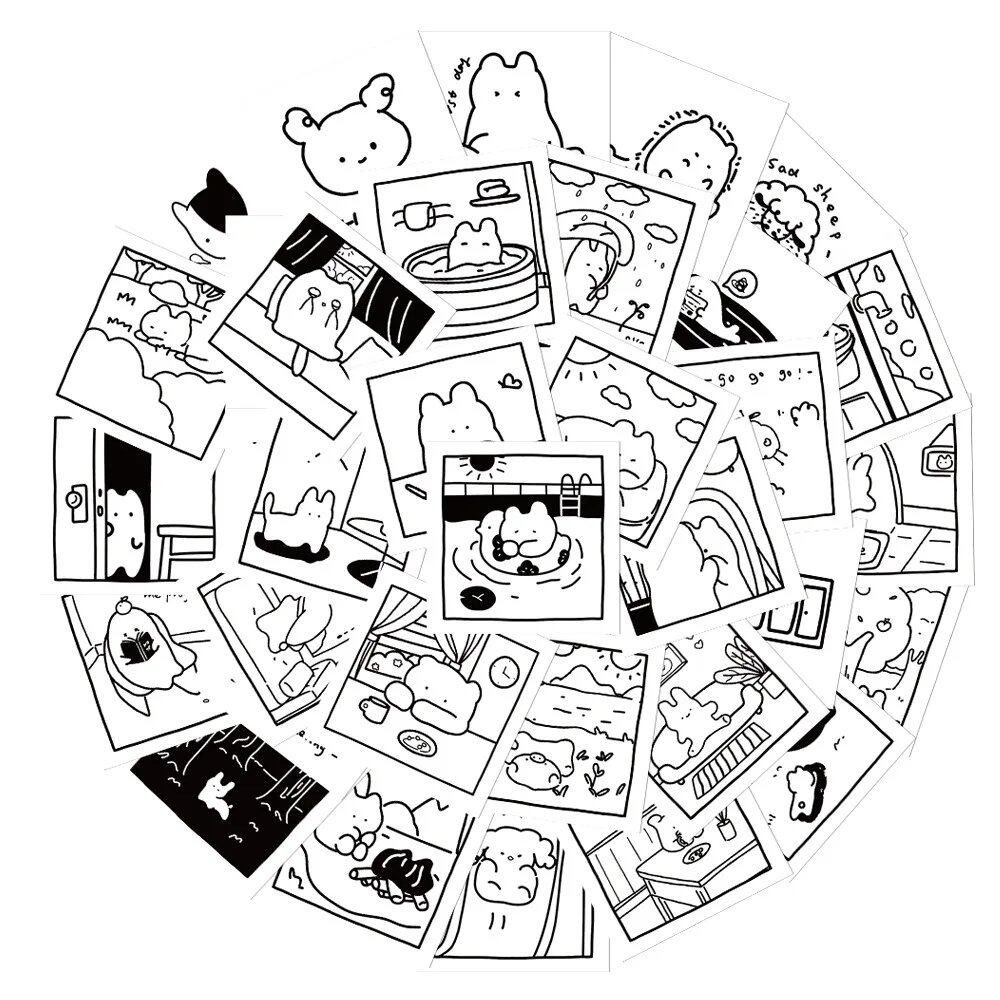Set of 10/30/40 Simple Black and White Cute Animal Character Stickers for Kids, DIY Smartphone, Notebook, Refrigerator, Laptop, Toy, Gift, 0 Pieces per Pack, Parallel Import