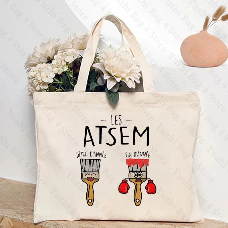 ATSEM フランス語 プレゼント トートバッグ - 教育アシスタント・保育プロフェッショナル向け コンパクトショッピングバッグ 女性用ショルダーバッグ カラー 並行輸入品