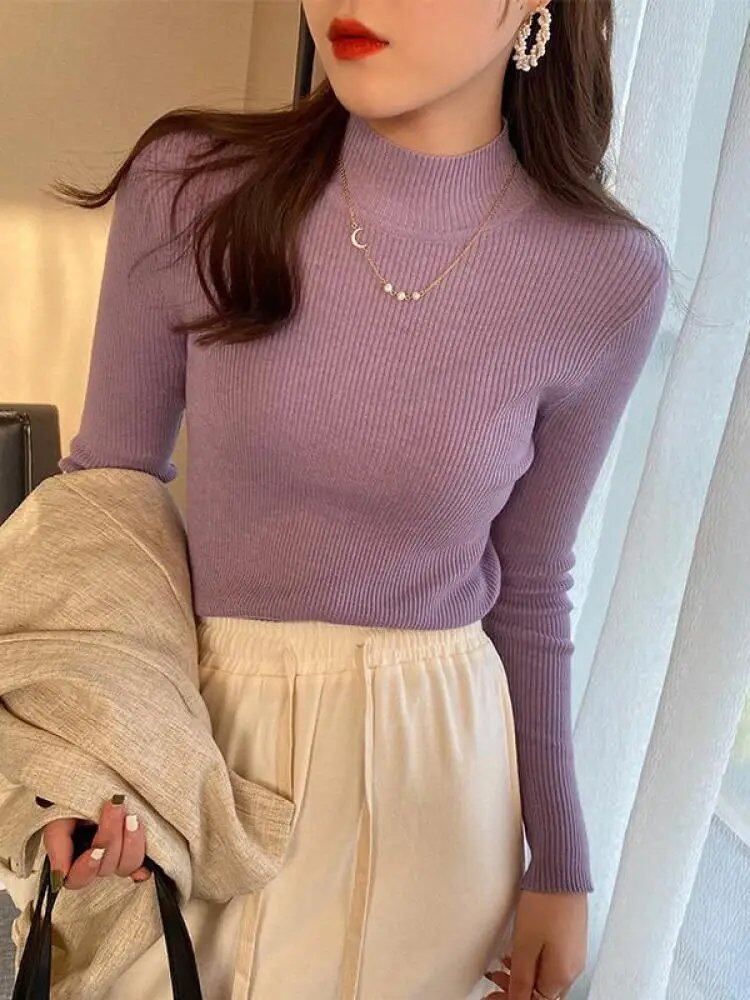 Women's Autumn/Winter Mock Neck Sweater, Vintage Basic Solid Knit Korean Style Top, Casual Slim Pullover Sweater, Simple Chic Jumper, Size: One Size Fits Most; Imported