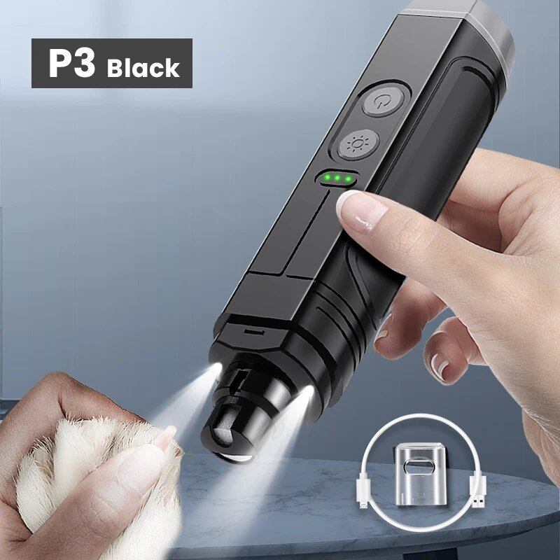 ROJECO P3 Professional Electric Pet Nail Grinder with 2 Rechargeable LED Lights for Dogs and Cats, Size: P3; Color: P3 Black (Imported)