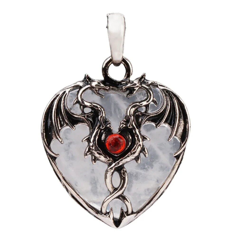 Natural Power Stone Heart-Shaped Antique Silver Alloy Double Dragon Pendant Top for DIY Jewelry Making, Healing, Chakra, and Spiritual Use, 32x42mm, Metal Color: Parallel Import