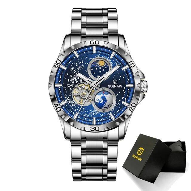 Grenau Men's Automatic Mechanical Watch with Rotating Earth Design, Double Second Hand, Starry Sky Design, Stainless Steel and Leather Strap, Color: Blue, Parallel Import