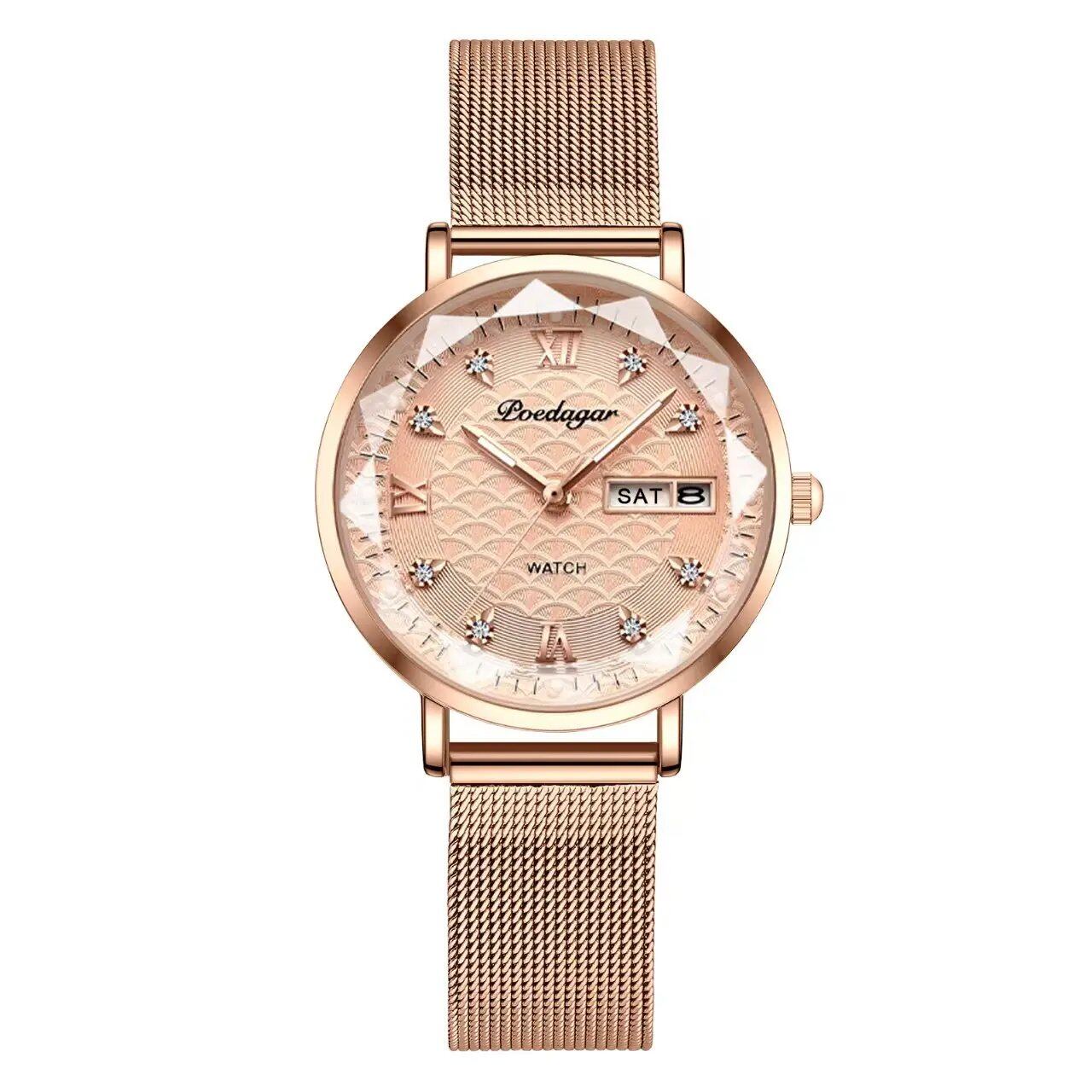 POEDAGAR Women's Watch, New Fashion, Luxury Stainless Steel Bracelet, Simple Rose Gold, Waterproof, Luminous, Color: 3011, Rose Gold, Parallel Import