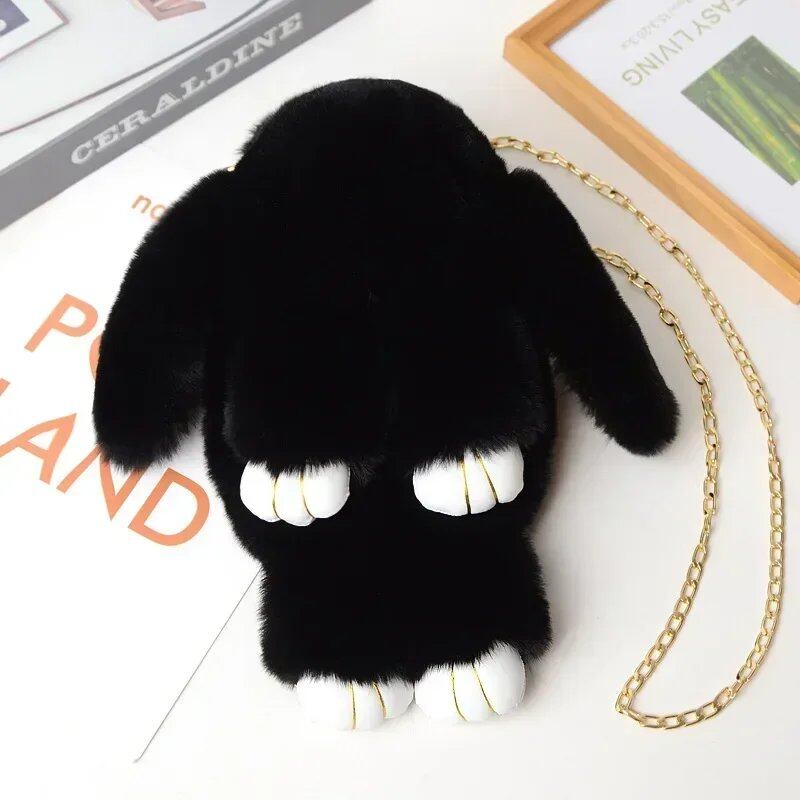 Cute Fluffy Rabbit Pom Pom Chain Bag for Women, Cartoon Rabbit Sling Bag, Plush Bunny Shoulder Backpack, Birthday Gift for Girls, Parallel Import