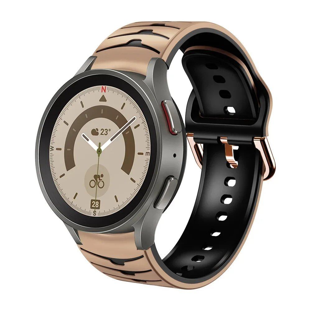 Compatible with Samsung Galaxy Watch 5 Pro (45mm), 6/5/4 (40mm), and 44mm. Two-tone silicone strap with no-grip. Compatible with Galaxy Watch 6/4 Classic (47mm), 43mm. Band Color: Compatible with Galaxy Watch 4, 5, 6, and 7. Parallel import.
