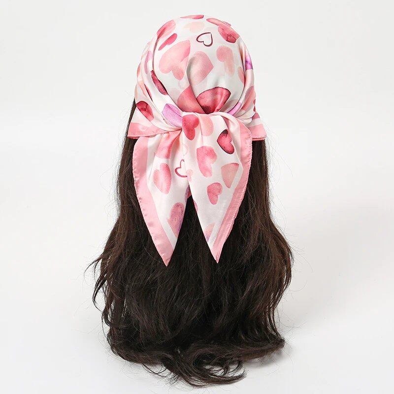 "Summer Beach 70x70cm Square Silk Muslim Hijab Scarf for Women, Handkerchief, Heart Print Headband, Stylish Small Luxury Scarf Tie" Size: 70x70cm; Parallel Import