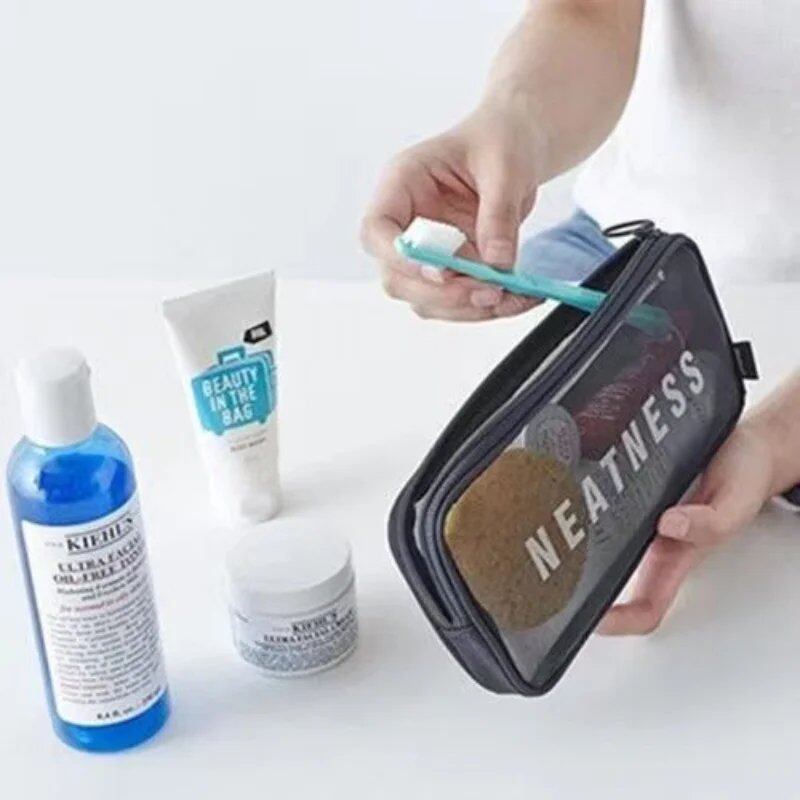 女性用メイクバッグ 旅行用トイレタリーバッグ 洗面化粧品収納ケース ジッパー付き ドット柄 透明メッシュ コスメポーチ 並行輸入品