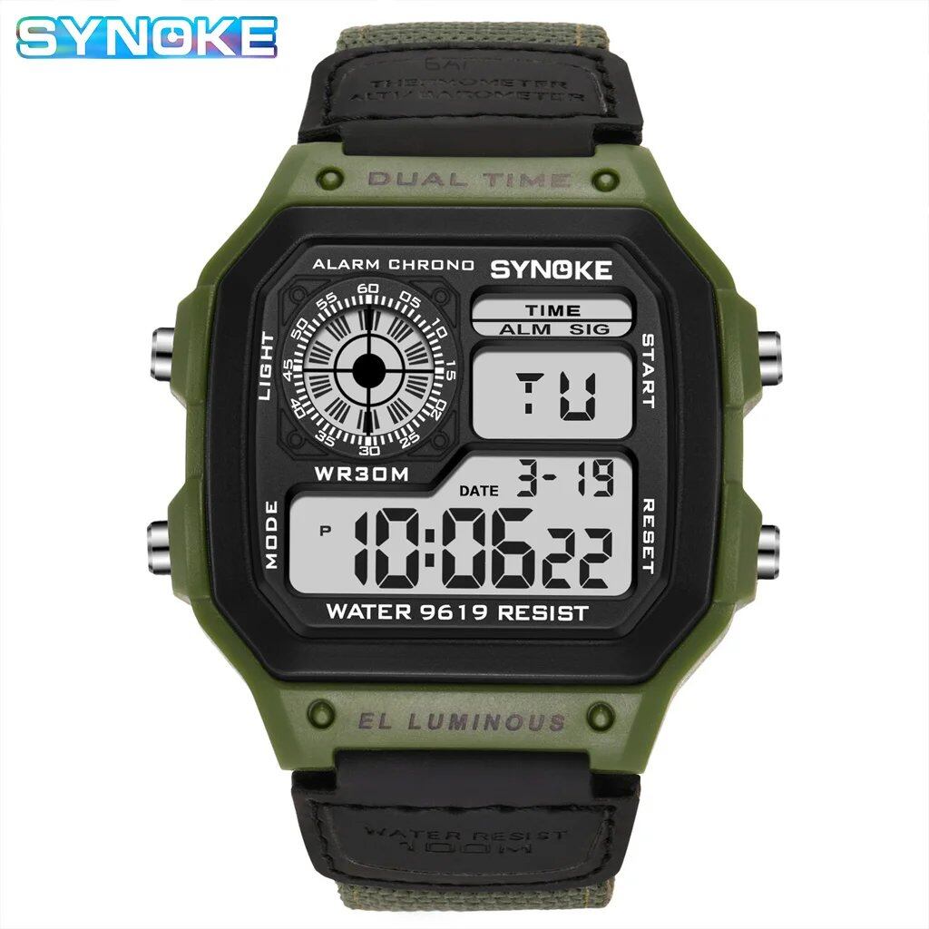 Synok Men's Outdoor Military Digital Watch with Retro Nylon Canvas Strap, Sports Waterproof Watch with Multi-Function Luminous Display, Parallel Import
