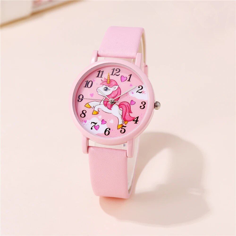 Cute Pink Unicorn Kids' Character Watch with PU Leather Band (Parallel Import)