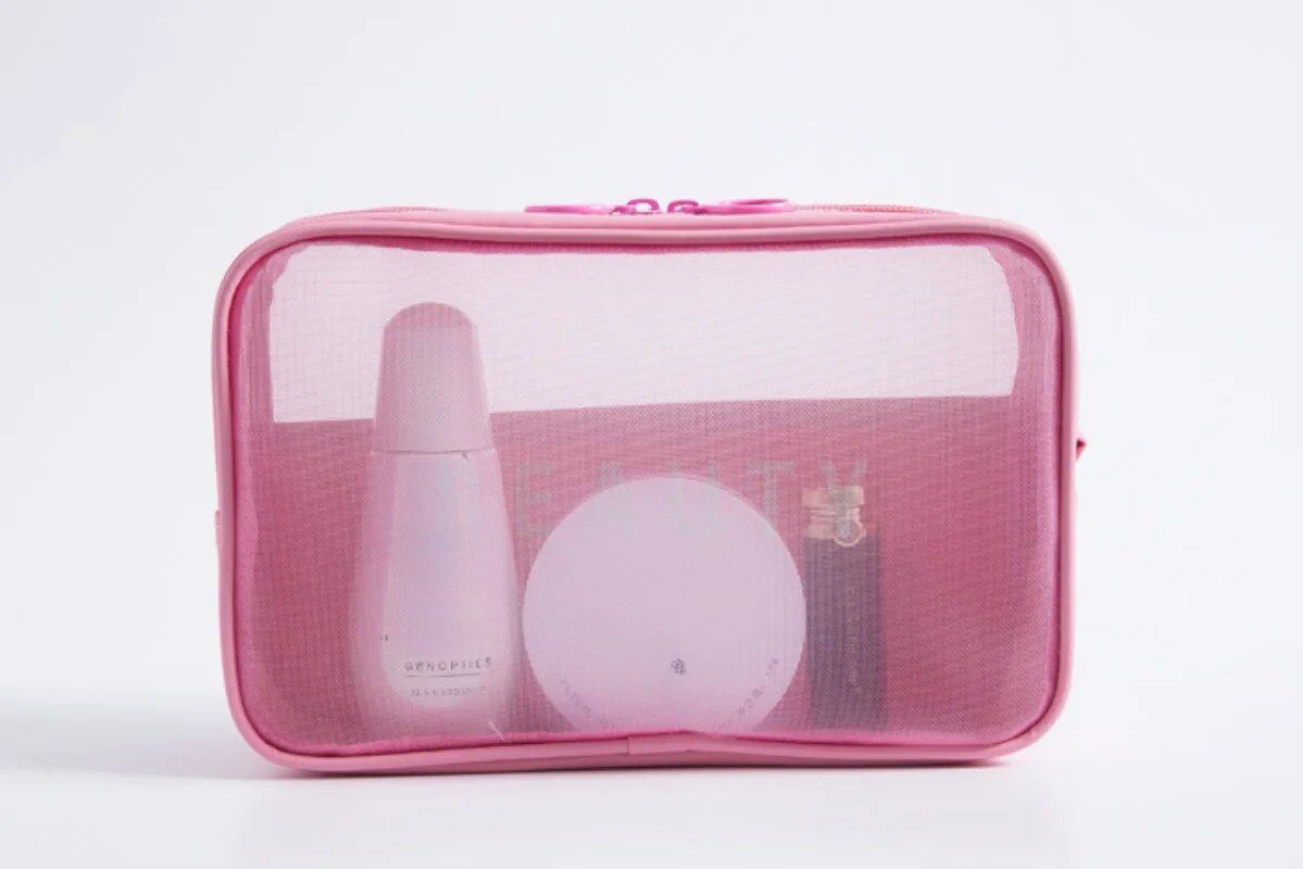 女性用メイクバッグ 旅行用トイレタリーバッグ 洗面化粧品収納ケース ジッパー付き ドット柄 透明メッシュ コスメポーチ 並行輸入品