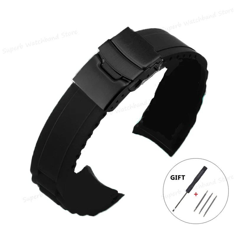 20/22mm Soft Rubber Bent End Silicone Watch Band with Folding Buckle, Waterproof, Men's Wrist Strap, Black Band, Parallel Import