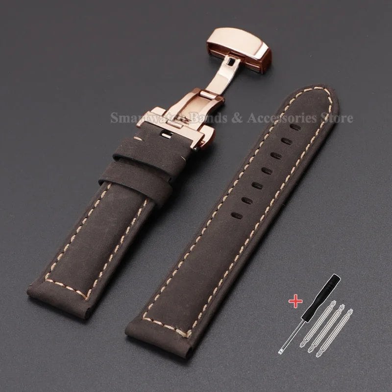 Vintage-style calf leather strap for Panerai and Seiko watches in sizes 20mm, 22mm, 24mm, and 26mm. Features a metal butterfly clasp. Band color: mm. Parallel import.