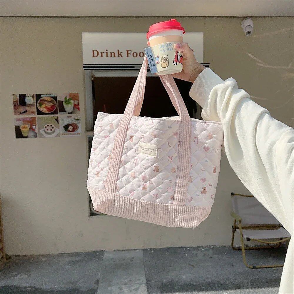 シンプルでカジュアルな可愛い花柄レディースハンドバッグ おしゃれなパッチワークコーデュロイショルダーバッグ 大容量女性用トートバッグ 並行輸入品