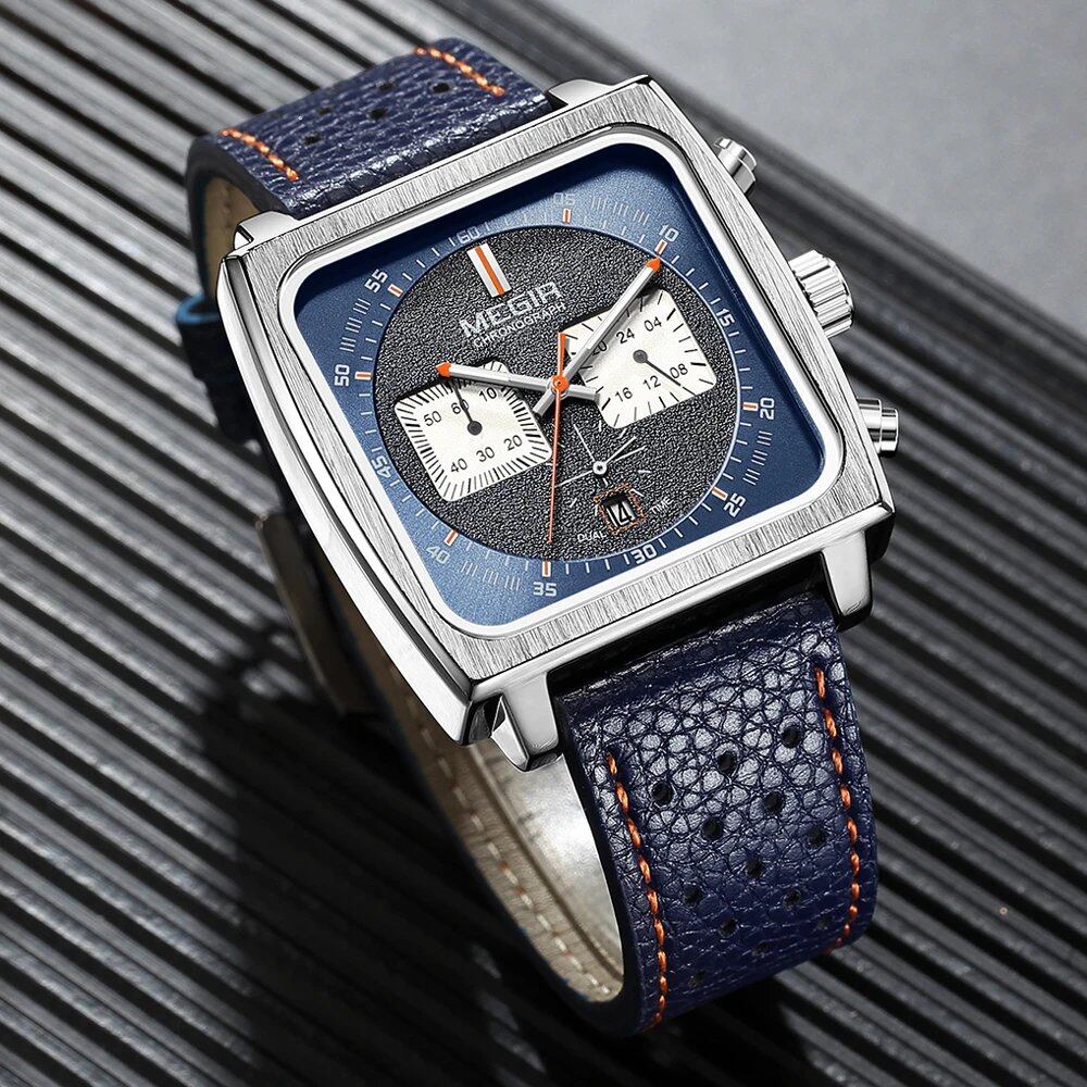 Men's Megar Square Dial Chronograph Quartz Watch with Fashion Blue Leather Strap, Casual Sports Watch with Date Display and 24-Hour Display, Model 2182 (Imported)