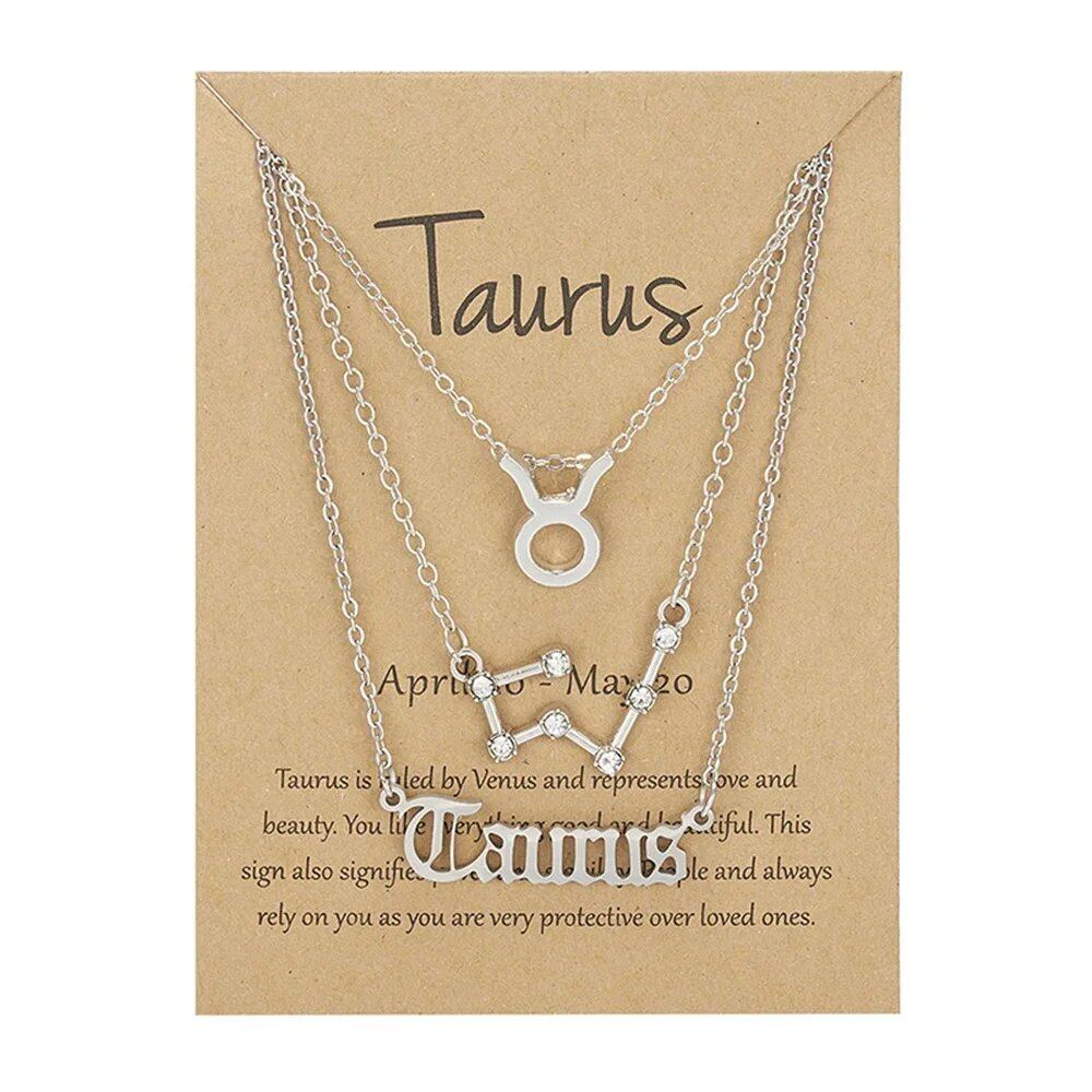 Set of 3 Women's 12 Zodiac Sign Necklaces with Pendant Chains, Chokers, Birthday Jewelry, Cardboard Cards, 45cm Long; Metal Color: 6252, Parallel Import