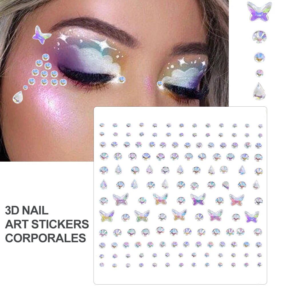 1/5/8-Piece 3D Face and Eye Tattoo Stickers for Party Makeup, Diamond Rhinestone Stickers, Self-Adhesive Mixed Crystal Face Decoration Stickers, Parallel Import