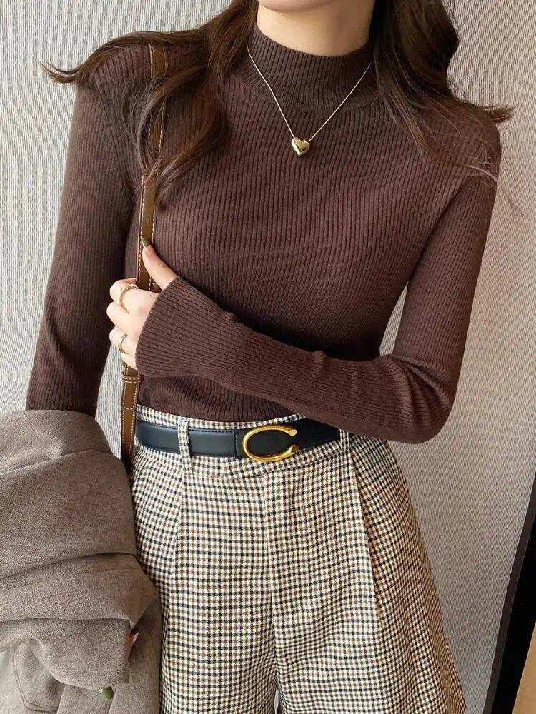 Women's Autumn/Winter Mock Neck Sweater, Vintage Basic Solid Knit Korean Style Top, Casual Slim Pullover Sweater, Simple Chic Jumper, Size: One Size Fits Most; Imported