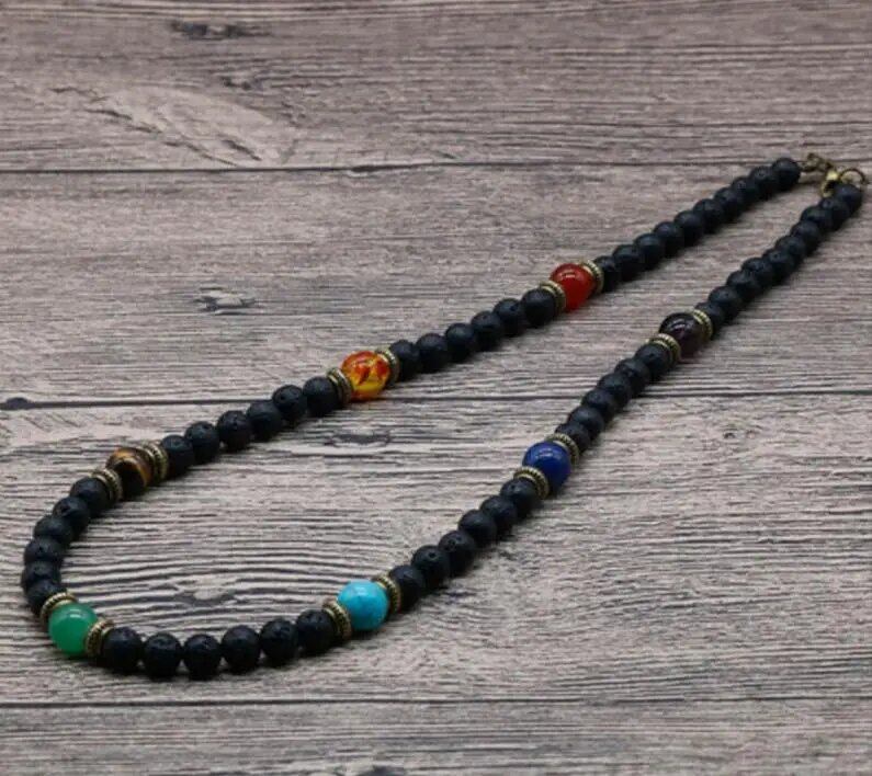 Classic Chakra Necklace for Men, Natural Lava Stone Color, Tribal Spiritual Collier, Punk Short Choker, Boyfriend Gift, Metal Color: Style, Parallel Import