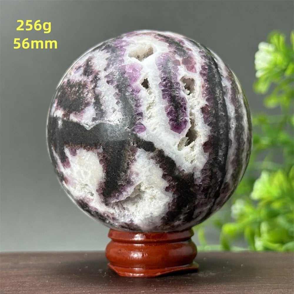 Natural Purple Zebra Fluorite Ball for Reiki Healing, Spiritual Meditation, Chakra Therapy, Magic, Ritual, Divination, Home Decoration, with Stand, Color: A, Parallel Import