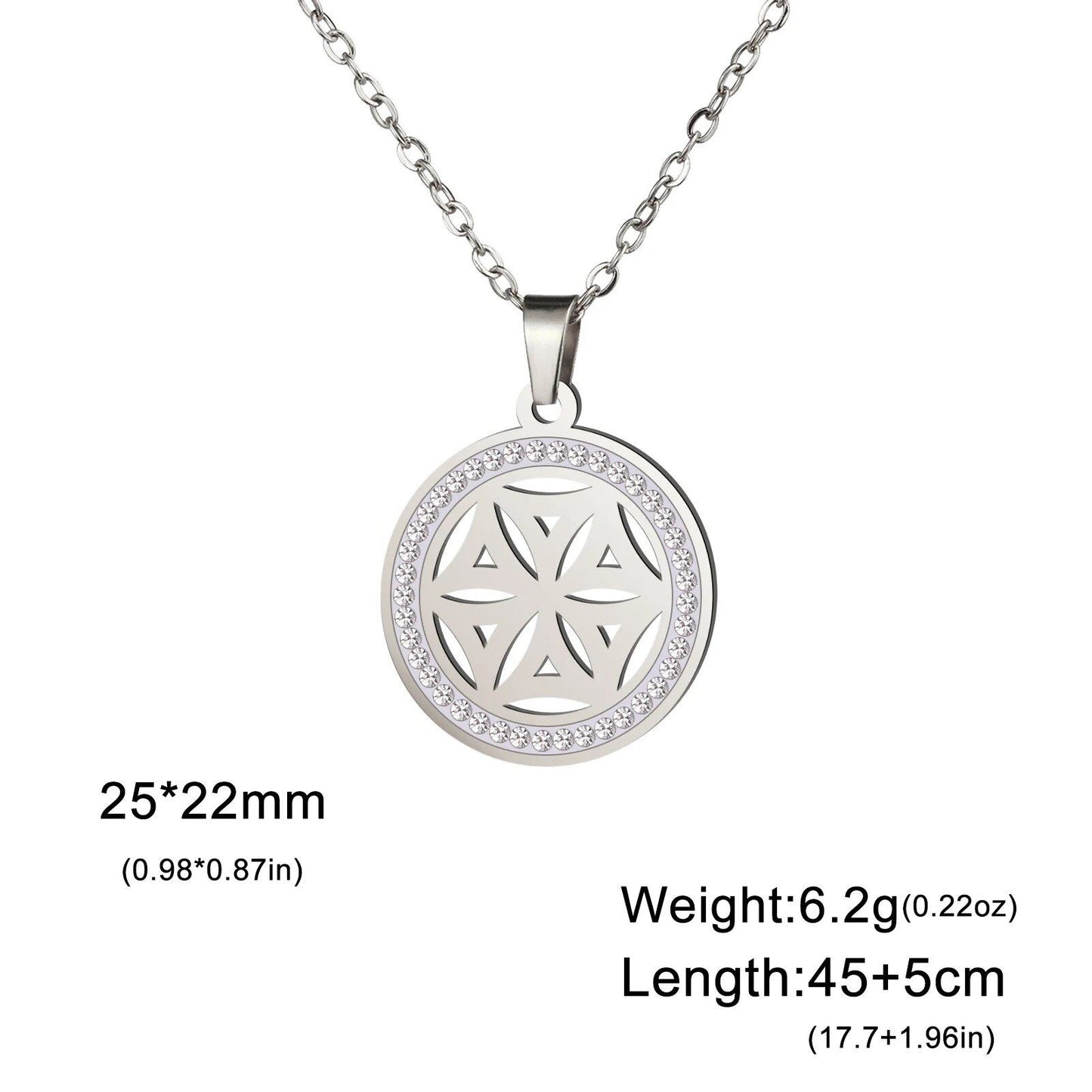 Skyrim Flower Seed of Life Necklace for Women, Stainless Steel with Clear Zircon Round Pendant, Sacred Geometry Spiritual Amulet Jewelry, Length: 45-50cm; Metal Color, Parallel Import