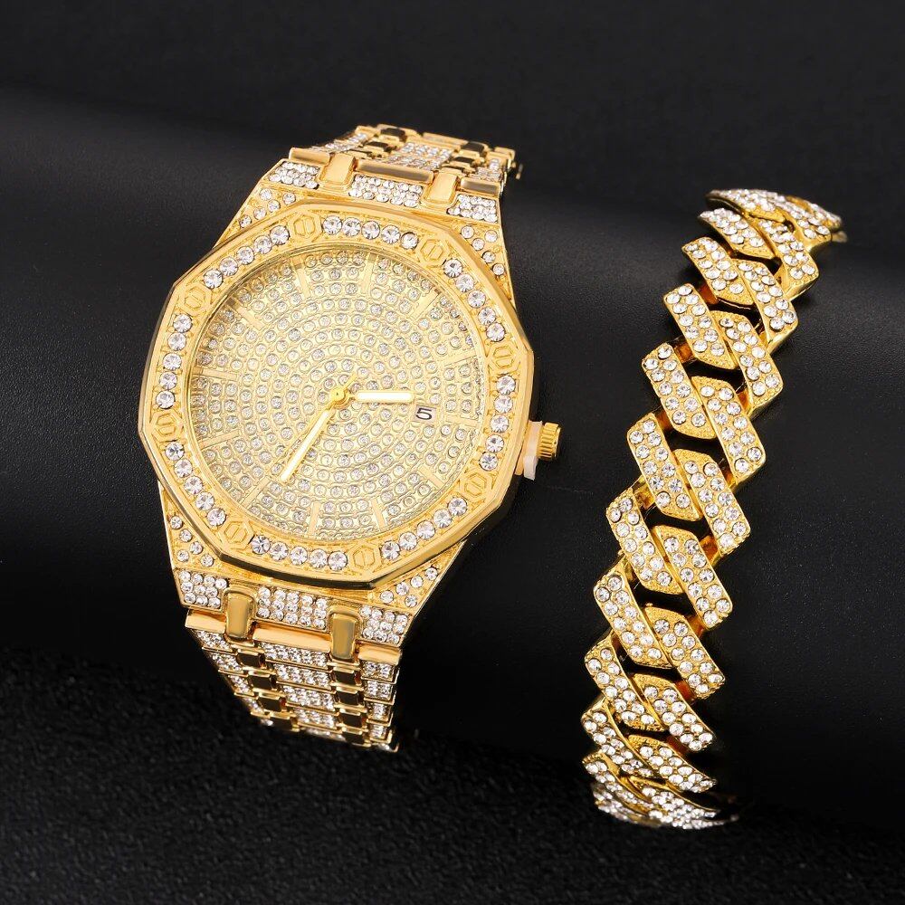 Men's Gold Bright Watch, Hip Hop Fashion Cool, Bling Bling Diamond Luxury Men's Wristwatch, Parallel Import