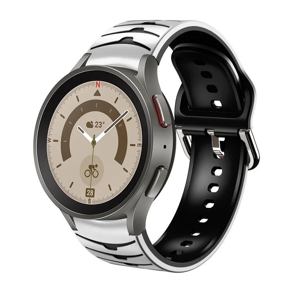 Compatible with Samsung Galaxy Watch 5 Pro (45mm), 6/5/4 (40mm), and 44mm. Two-tone silicone strap with no-grip. Compatible with Galaxy Watch 6/4 Classic (47mm), 43mm. Band Color: Compatible with Galaxy Watch 4, 5, 6, and 7. Parallel import.