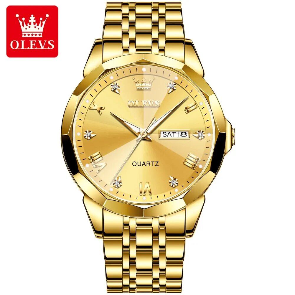 OLEVS Men's Diamond-Cut Dial Quartz Watch, Waterproof, Luminous Stainless Steel, Date and Day Display, Color: Men's; Customization Unavailable, Parallel Import