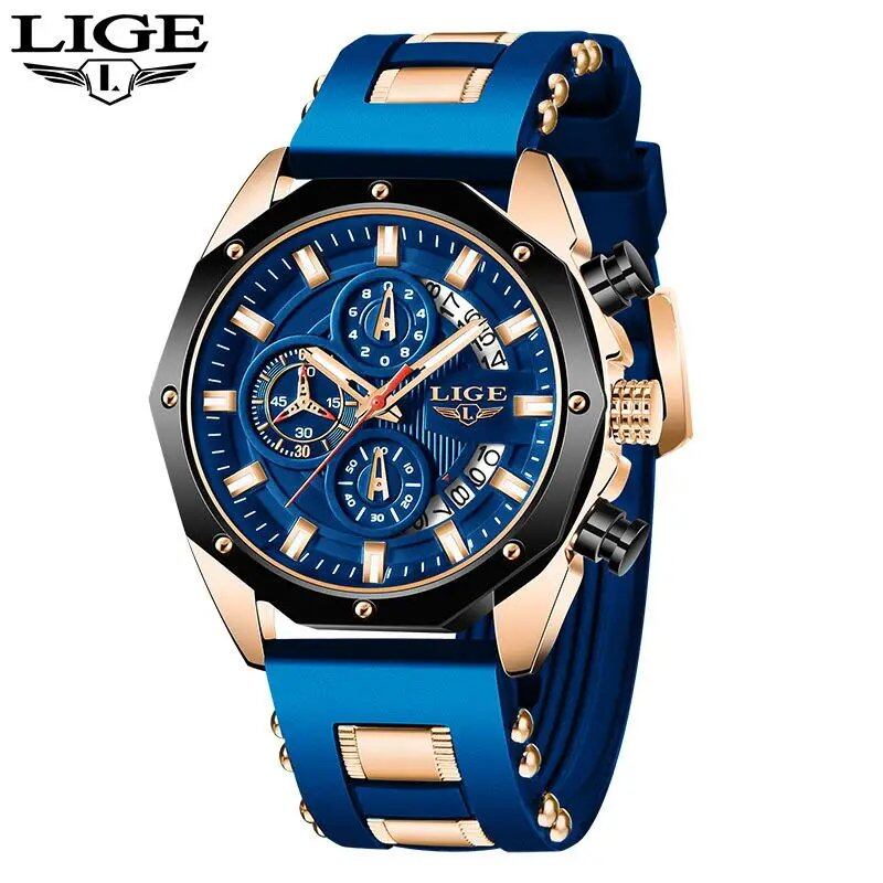 LIGE Fashion Men's Watch, Top Brand Luxury Silicone Sports Watch with Quartz Movement, Date Display, Waterproof Chronograph, Color: Parallel Import