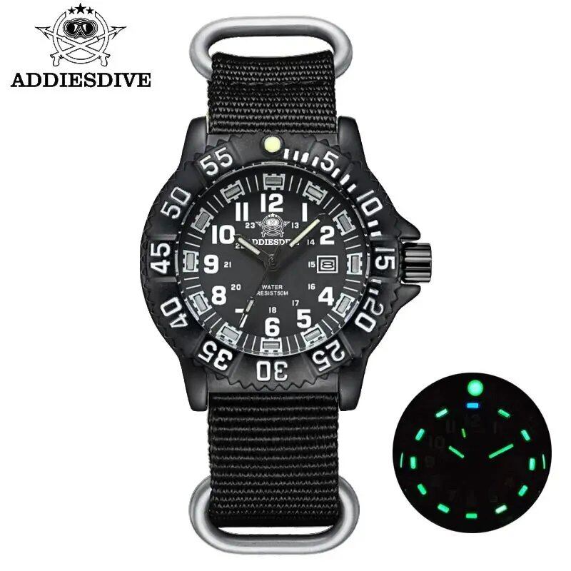 ADDIESDIVE Fashion Men's Analog Watch, 50m Water Resistant, Luminous Tube, Nylon, Sports, Military Quartz Wristwatch, Color: Black, Customization Unavailable, Parallel Import