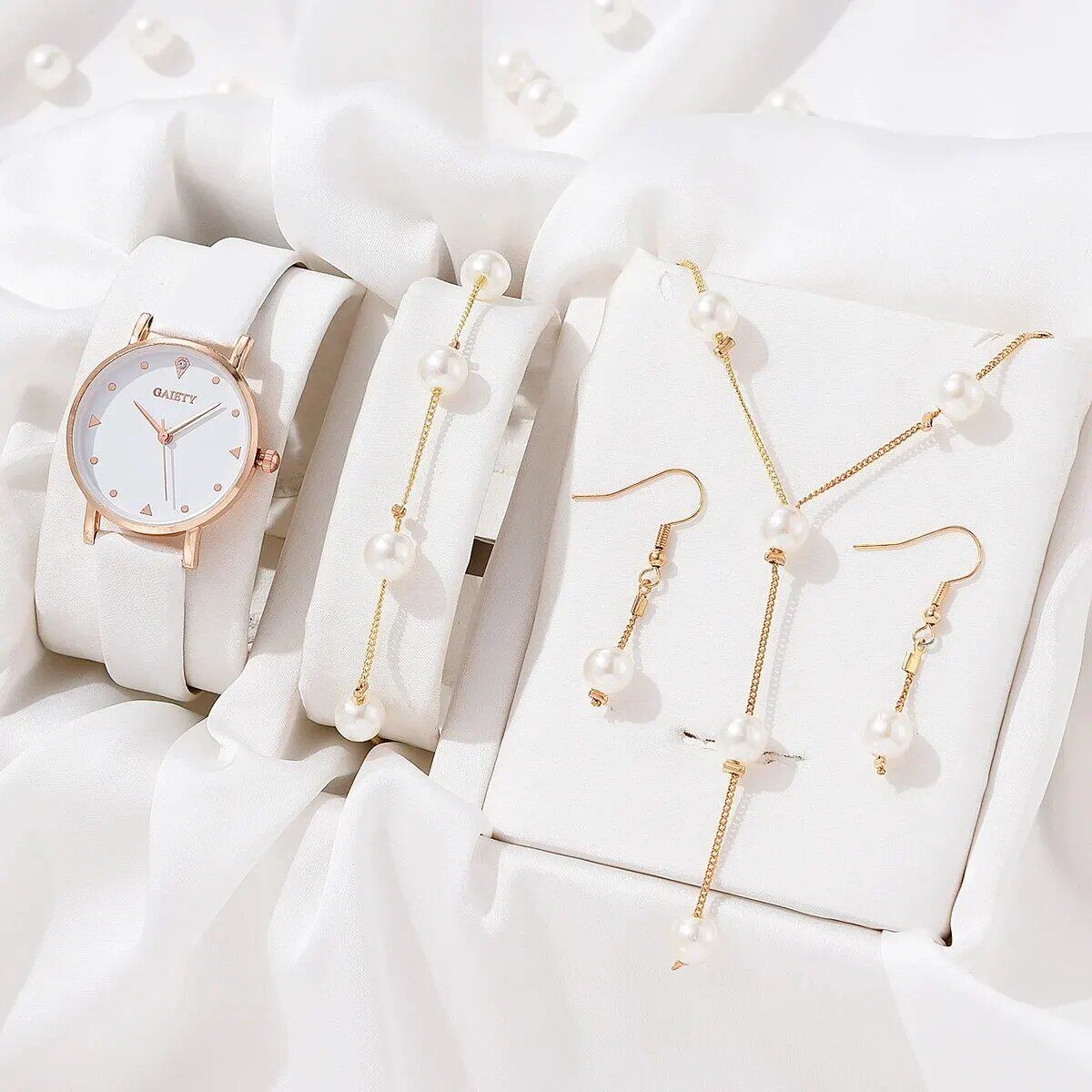 Luxury 4-Piece Women's Watch Set: Round Face, Rhinestone, Elegant Quartz Wristwatches, Rose Gold, Color: ZY001 - Parallel Import