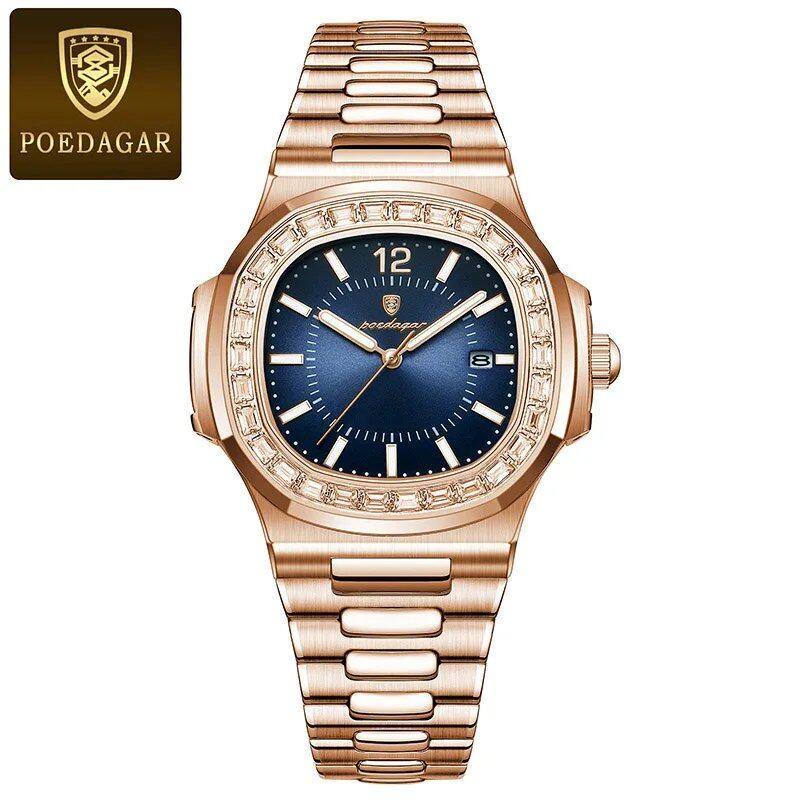 POEDAGAR Stainless Steel Men's Watch, Waterproof, Business Style, with Calendar, Quartz Movement, Luxury Laminated Square Design, Parallel Import