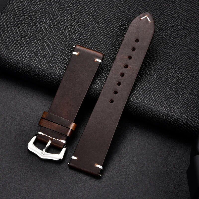 Retro-style genuine leather, oil-waxed finish, aged look, cowhide luxury business watch band, 18, 20, 22, 24mm, Band Color: mm, Parallel Import