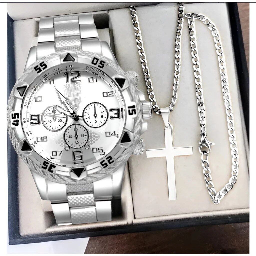 Keglect Men's Steel Band Quartz Watch with Digital Scale, Wristwatch, Necklace, and Bracelet Set; Customization Not Available; Ships from: Parallel Import