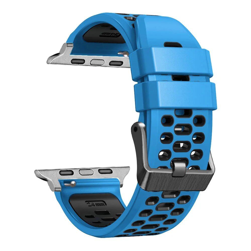 Breathable silicone wristband for Apple Watch Ultra 2 (49mm) / Series 9, 8, 7, SE, and 6 (45mm, 44mm, 42mm). Band Colors: 49mm, 45mm, 44mm, 42mm. Parallel import.