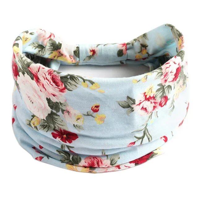 New Boho Floral Print Wide Headband with Vintage Knot Elastic Turban Headwrap for Women and Girls, Cotton Soft Bandana Hair Accessory, Parallel Import