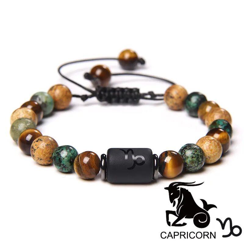 12 Zodiac Signs Bracelet, Natural Turquoise and Tiger Eye Stones, Braided Bracelet, Jewelry for Women and Men, Couples Gift, Adjustable Length; Metal Color: Parallel Import