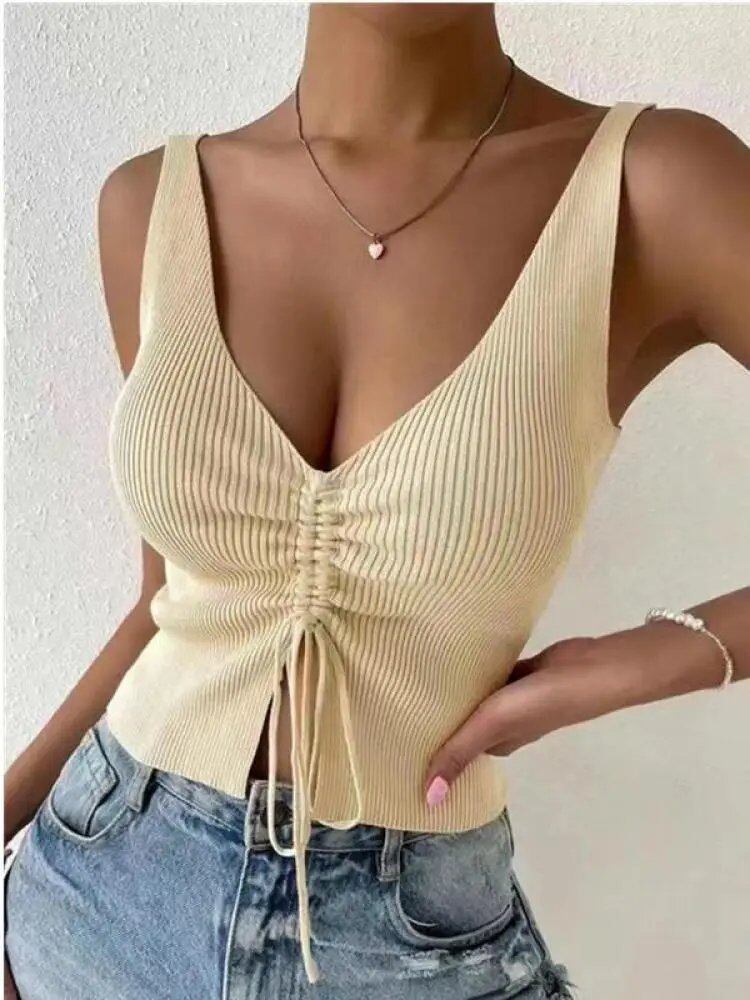 夏の新作 女性用 フロントドローストリング リブ編みニットトップス セクシーVネック ノースリーブ クロップトップ ハイストレッチ スリット付き ショートタンク サイズ:ワンサイズ; 並行輸入品