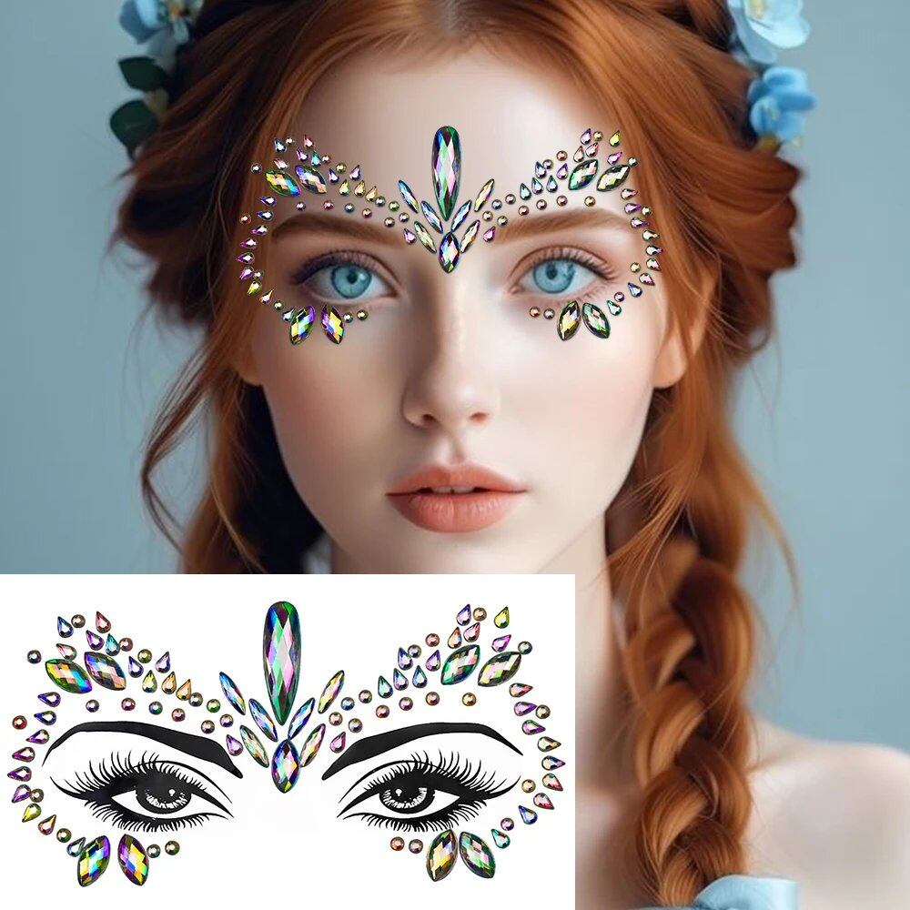 1/5/8-Piece 3D Face and Eye Tattoo Stickers for Party Makeup, Diamond Rhinestone Stickers, Self-Adhesive Mixed Crystal Face Decoration Stickers, Parallel Import