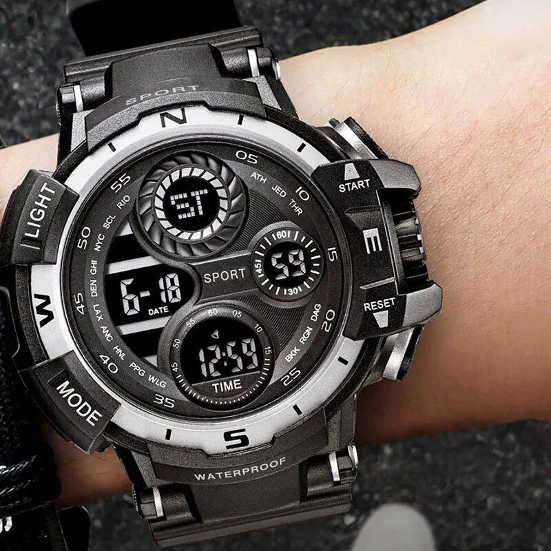 YIKAZE 50mm Big Dial Sports Watch with Military Countdown and Stopwatch, LED Digital Watch, Waterproof, Men's Electronic Watch, Color: Parallel Import