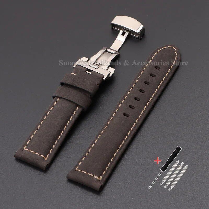 Vintage-style calf leather strap for Panerai and Seiko watches in sizes 20mm, 22mm, 24mm, and 26mm. Features a metal butterfly clasp. Band color: mm. Parallel import.
