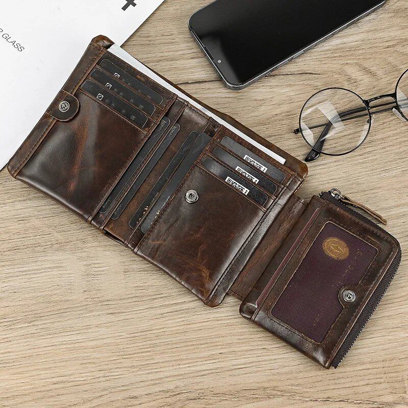 Newsbirds Leather Short Wallet, Card Case, Bifold, Coin Purse, Men's, Genuine Cowhide Leather with Zipper, Parallel Import