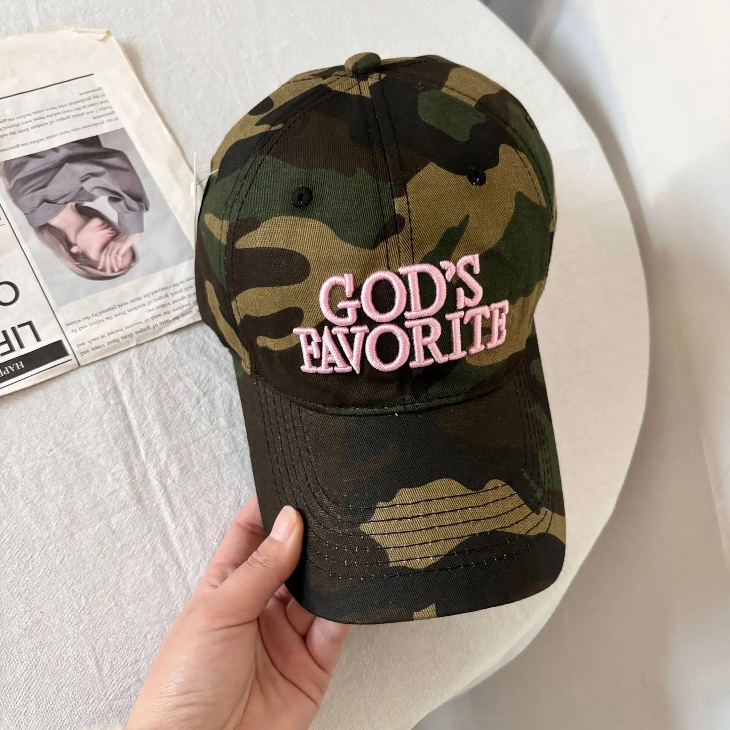 Versatile, trendy, and stylish embroidered camo cap with a spiritual message. Adjustable spring baseball cap. Sizes: 54-60cm; Ages: Teens to Adults; Ships from: Parallel Import