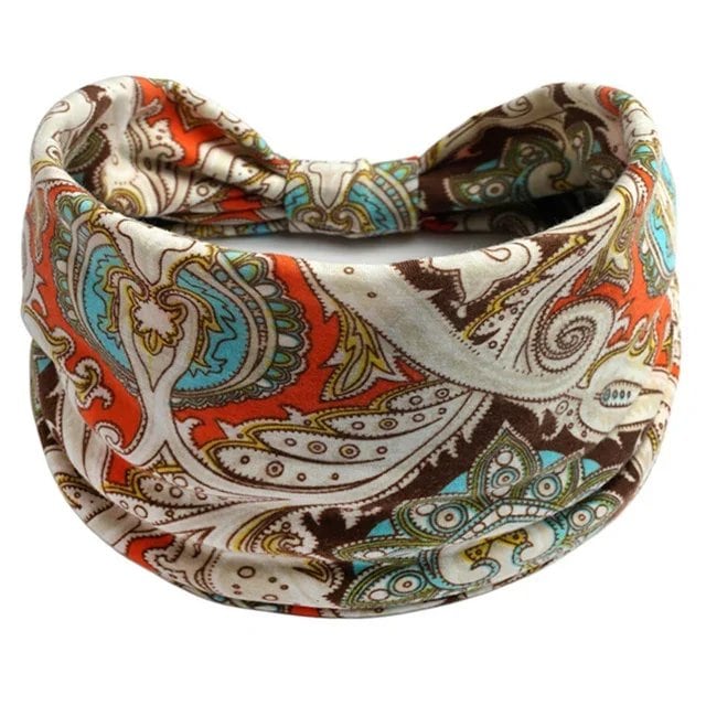 New Boho Floral Print Wide Headband with Vintage Knot Elastic Turban Headwrap for Women and Girls, Cotton Soft Bandana Hair Accessory, Parallel Import