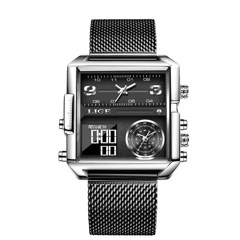 LIGE Luxury Original Men's Sports Wristwatch, Gold Quartz Movement, Stainless Steel, Waterproof, Dual Display, Clock, Relogio Masculino, Parallel Import
