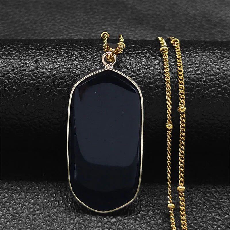 Obsidian Pendant Necklace in Gold or Stainless Steel, Natural Stone, Reiki Healing, Spiritual and Meditation Jewelry, NA1 Metal Color, 50cm, JZP GD, Parallel Import
