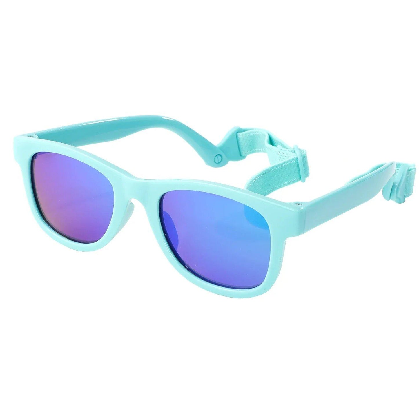 Flexible, polarized sunglasses for newborns (0-24 months) with straps, square silicone frame, mirrored finish, UV400 protection. Frame color: 0-24 months; Lens color: None. Parallel import.