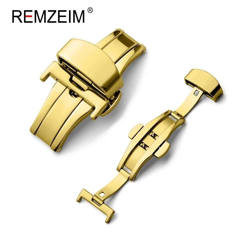 Stainless steel butterfly buckle watch strap with button closure and metal clasp, available in 14mm, 16mm, 18mm, 20mm, and 22mm bands. Parallel import.