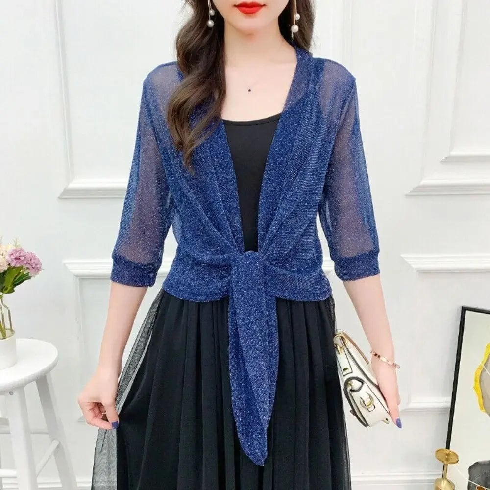 Glitter Tie-Up Open Front Shrug, Women's Cropped Shawl, Beachwear, Summer, Sun Protection, Air Conditioning Protection, Parallel Import
